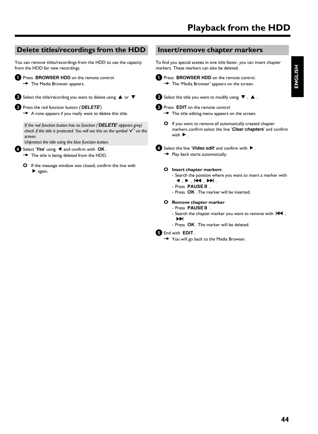 Philips HDRW 720/17 manual Delete titles/recordings from the HDD, Insert/remove chapter markers, Insert chapter markers 