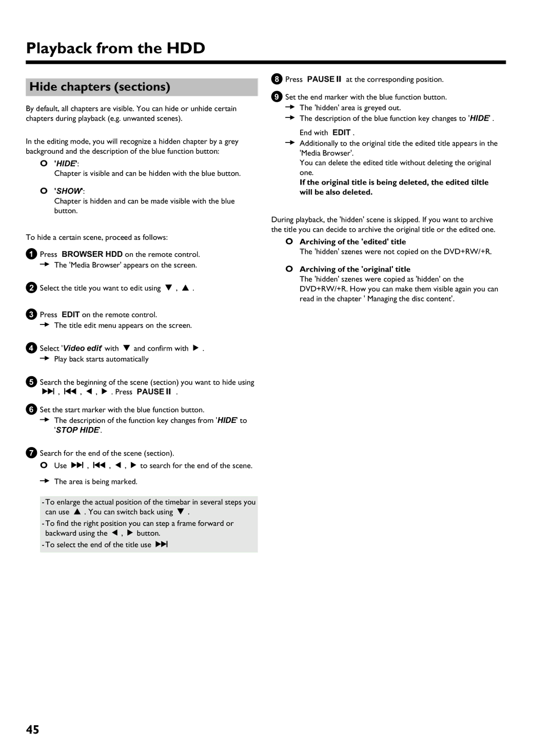 Philips HDRW 720/17 manual Hide chapters sections, Chapter is visible and can be hidden with the blue button 