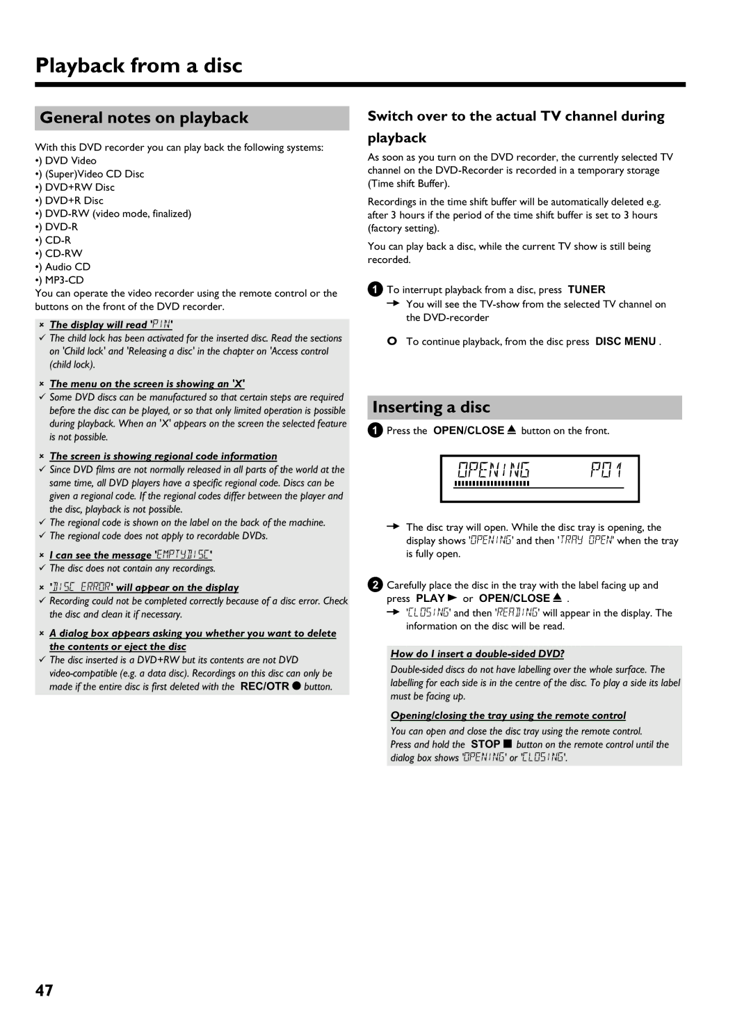 Philips HDRW 720/17 manual Playback from a disc, General notes on playback, Inserting a disc 