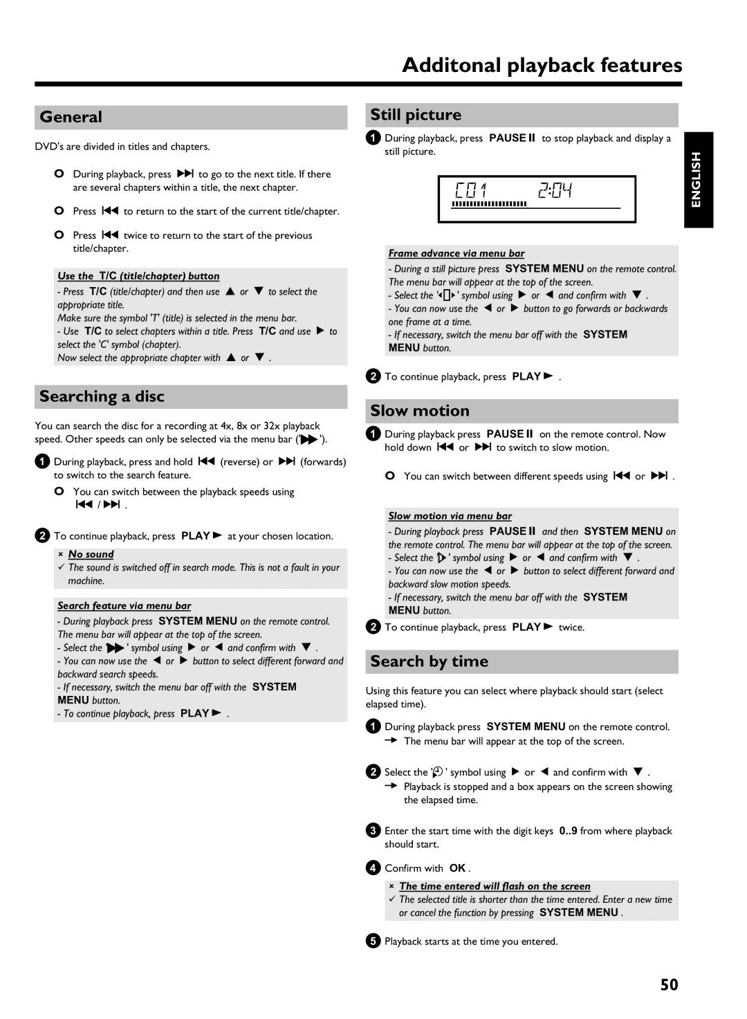 Philips HDRW 720/17 manual Additonal playback features, Searching a disc, Still picture, Slow motion, Search by time 