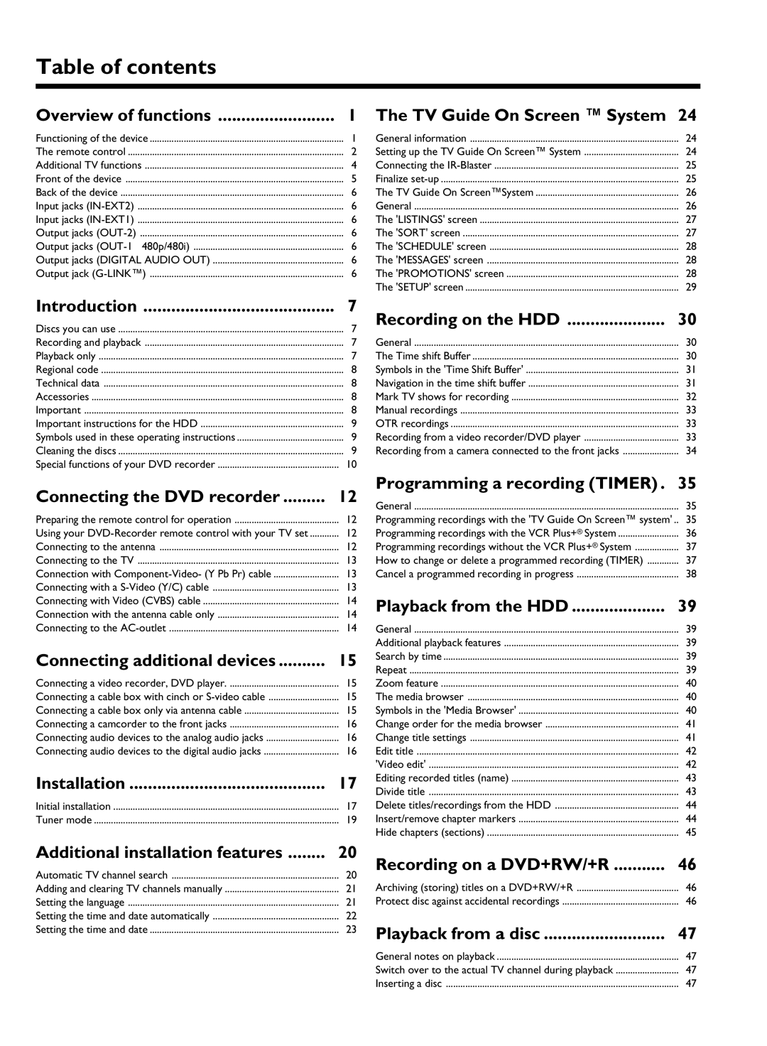 Philips HDRW 720/17 manual Table of contents 