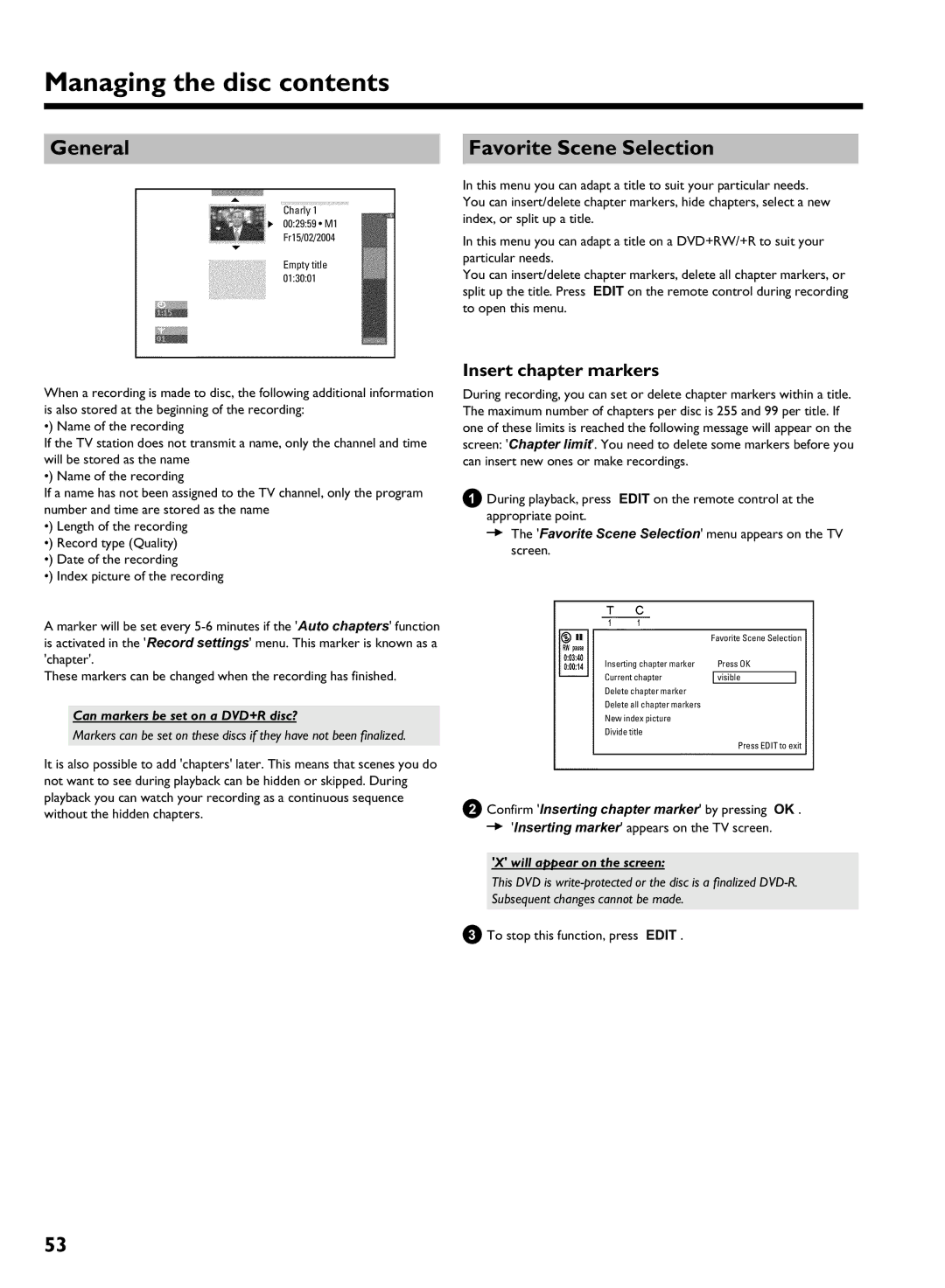 Philips HDRW 720/17 manual Managing the disc contents 