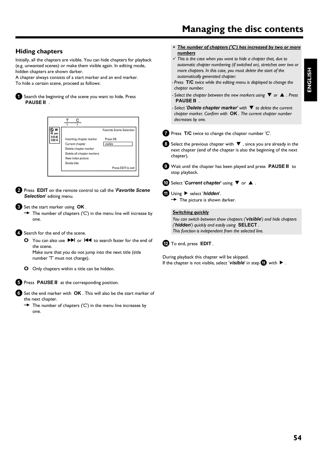 Philips HDRW 720/17 manual Hiding chapters, Number of chapters C has increased by two or more numbers, Switching quickly 