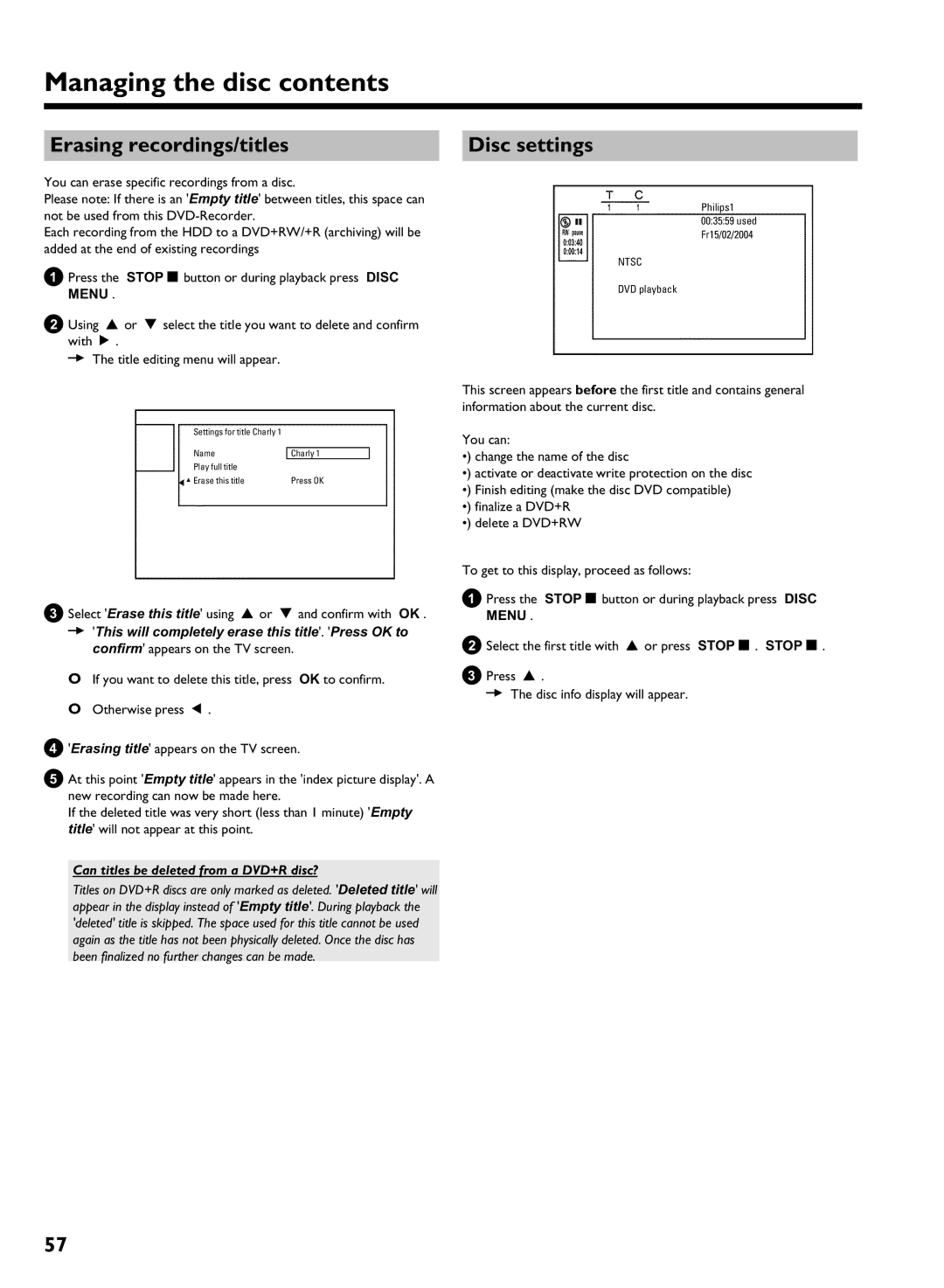 Philips HDRW 720/17 Erasing recordings/titles Disc settings, Select Erase this title using a or B and confirm with OK 