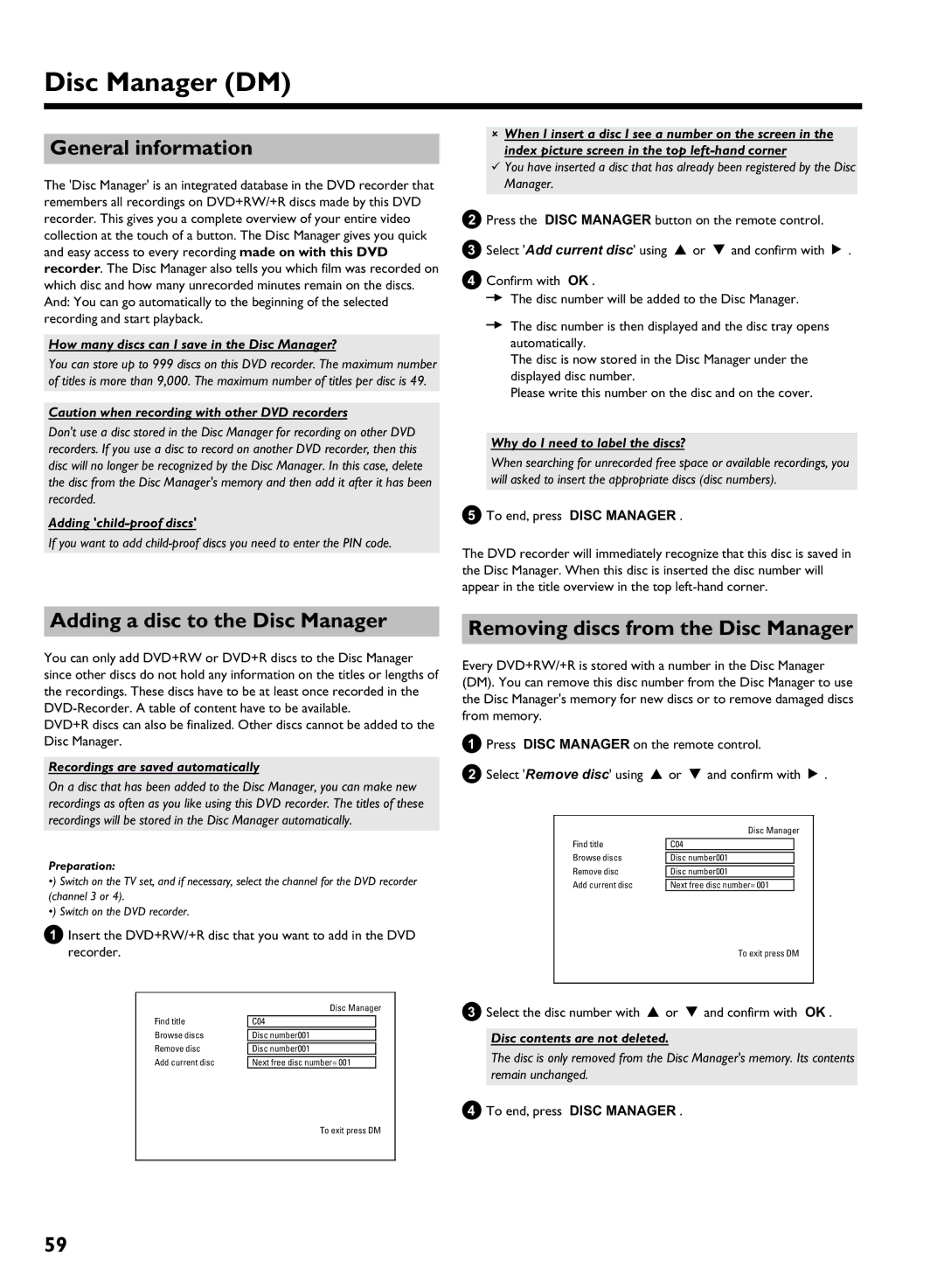 Philips HDRW 720/17 manual Disc Manager DM, Adding a disc to the Disc Manager, Removing discs from the Disc Manager 