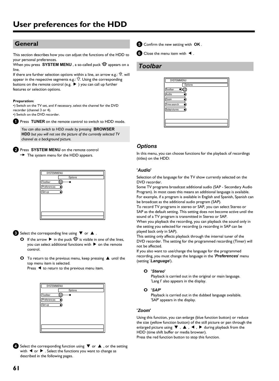 Philips HDRW 720/17 manual User preferences for the HDD, Press Tuner on the remote control to switch to HDD mode, Stereo 