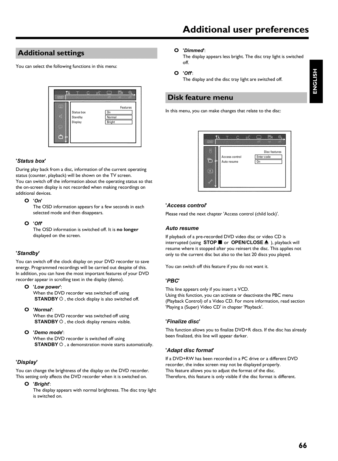 Philips HDRW 720/17 manual Additional settings, Disk feature menu 