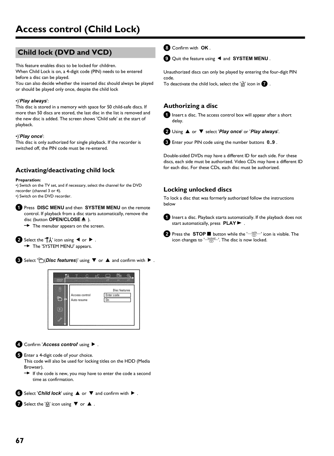 Philips HDRW 720/17 manual Access control Child Lock, Child lock DVD and VCD, Activating/deactivating child lock 