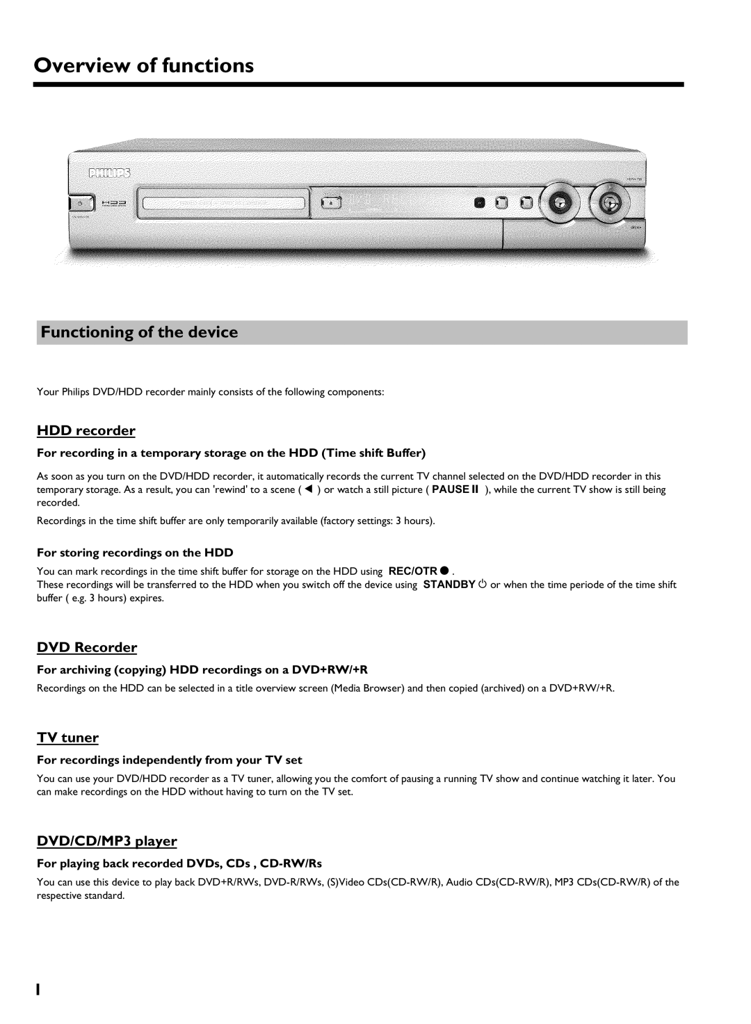 Philips HDRW 720/17 manual Overview of functions, Functioning of the device 