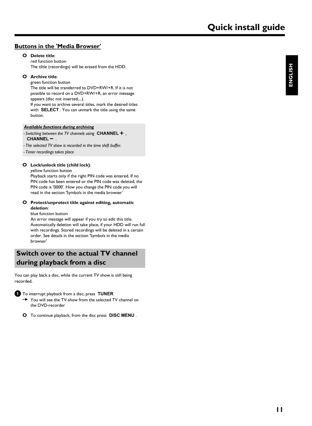 Philips HDRW720/69 user manual Buttons in the Media Browser, Available functions during archiving 