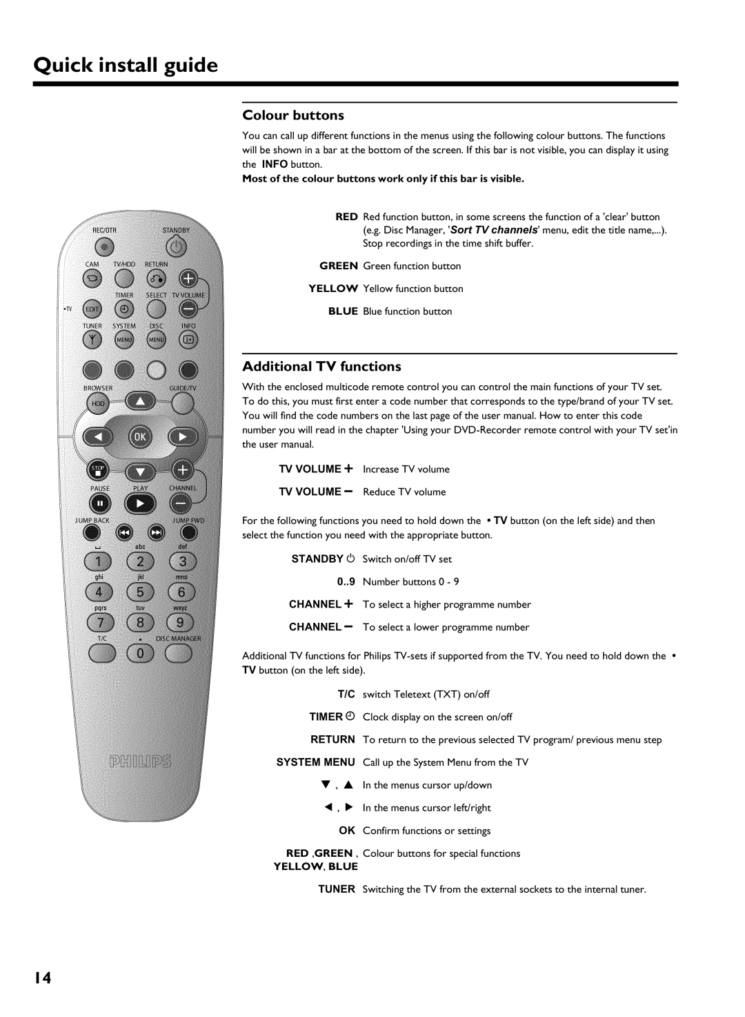 Philips HDRW720/69 Colour buttons, Additional TV functions, Most of the colour buttons work only if this bar is visible 