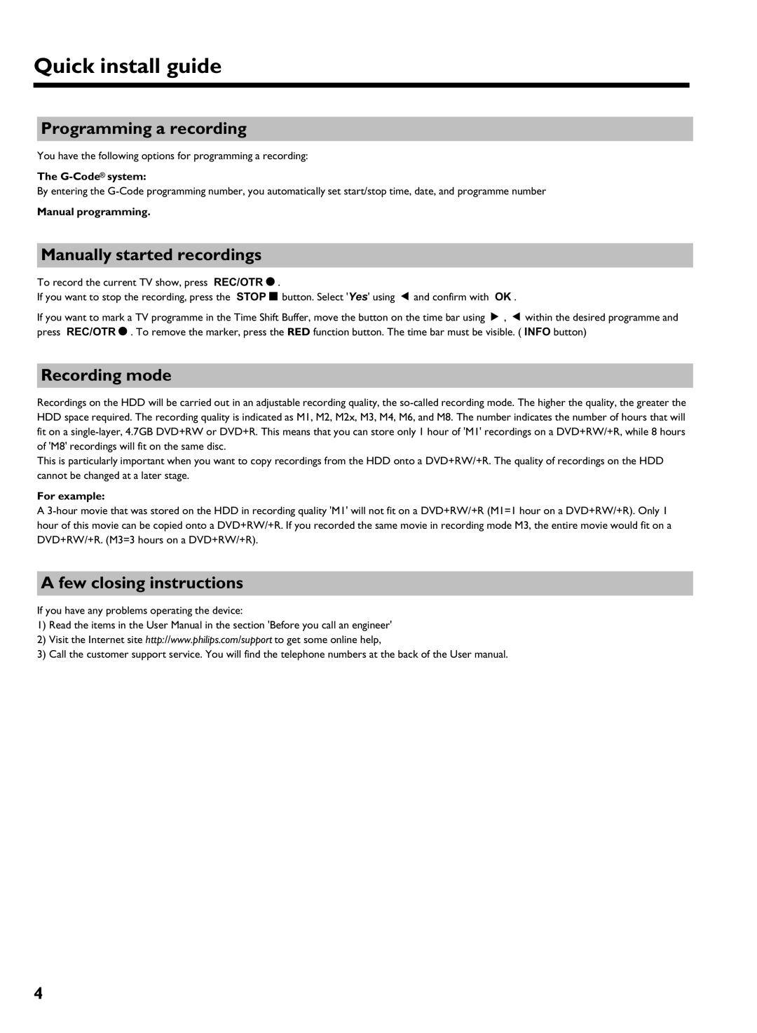 Philips HDRW720/69 Programming a recording, Manually started recordings, Recording mode, Few closing instructions 