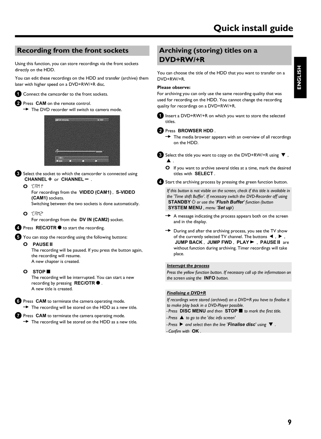 Philips HDRW720/69 Recording from the front sockets, Archiving storing titles on a, Pause, Interrupt the process 