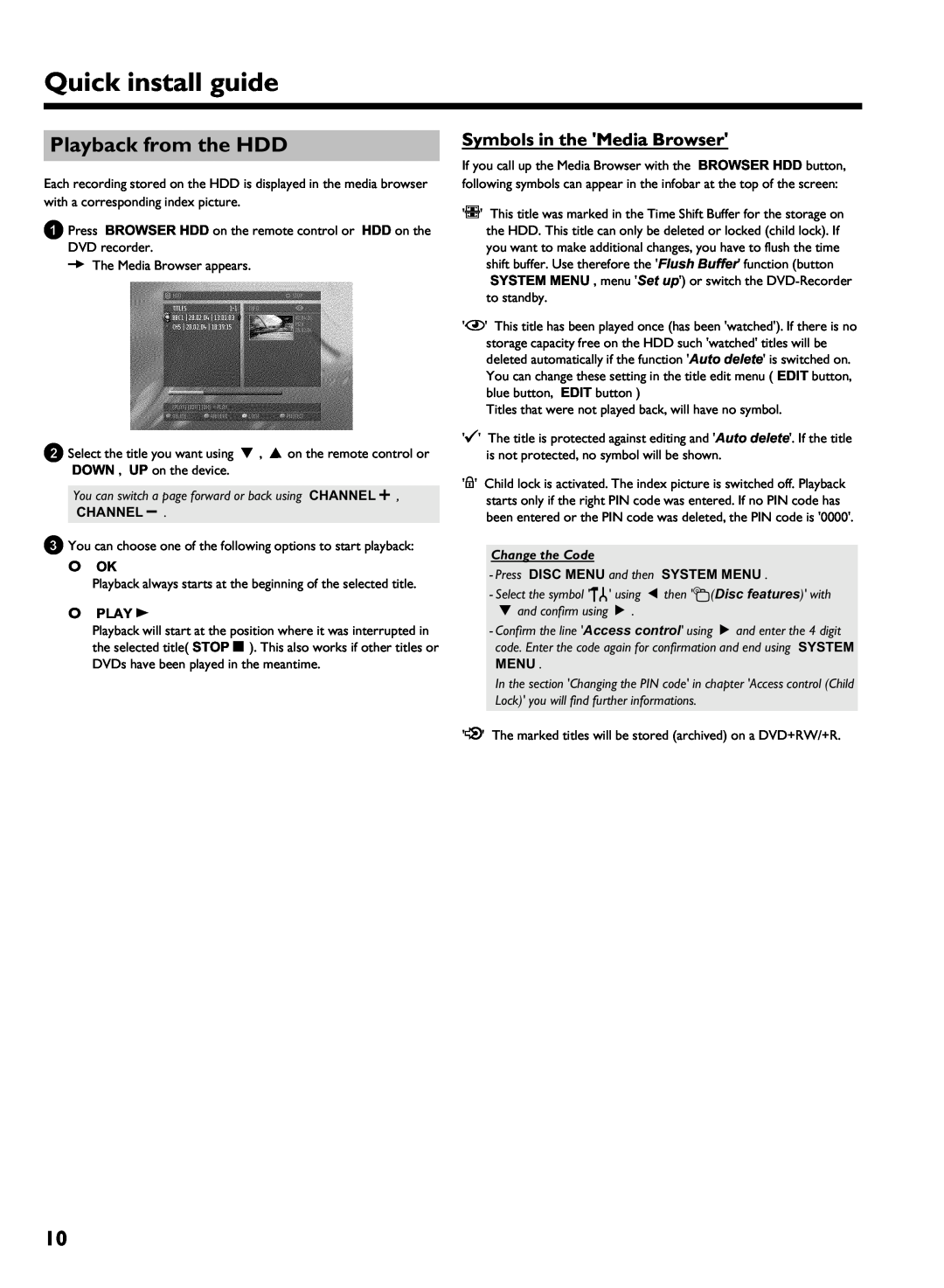 Philips HDRW720/69 user manual Playback from the HDD, Symbols in the Media Browser, Quick install guide, O Ok, O Play G 