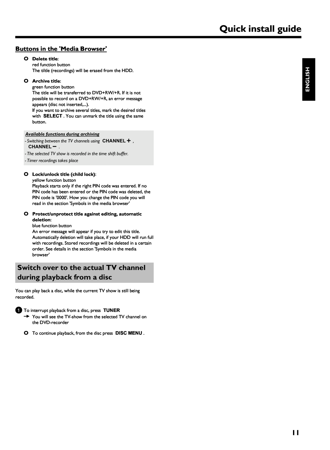 Philips HDRW720/69 user manual Buttons in the Media Browser, Quick install guide, English, O Delete title, O Archive title 