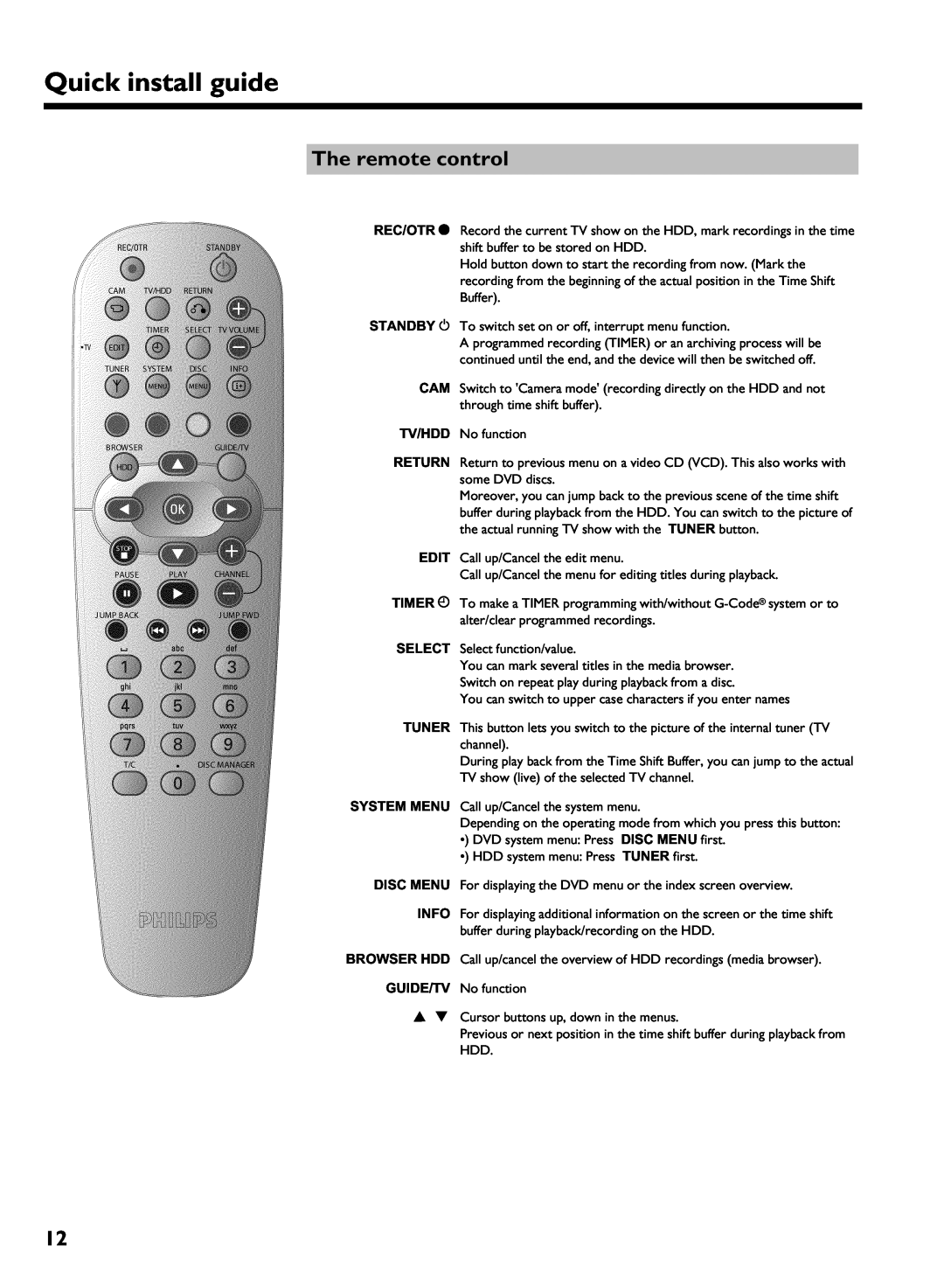 Philips HDRW720/69 user manual The remote control, Quick install guide 
