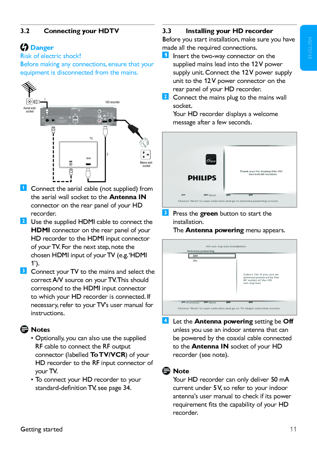 Philips HDT 8520 manual Connecting your Hdtv, Installing your HD recorder, Connect the mains plug to the mains wall socket 