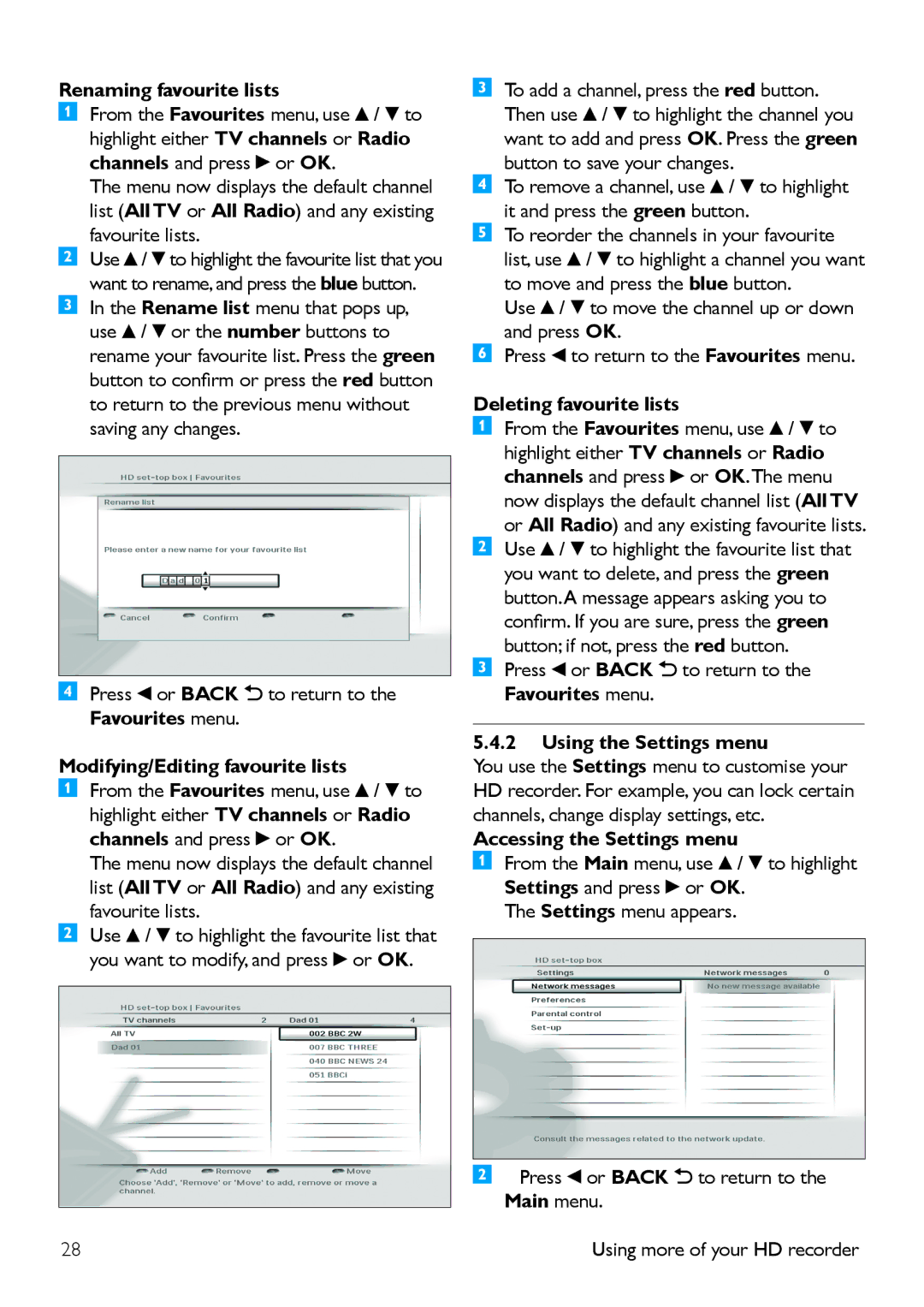 Philips HDT 8520 manual Renaming favourite lists, Modifying/Editing favourite lists, Deleting favourite lists 