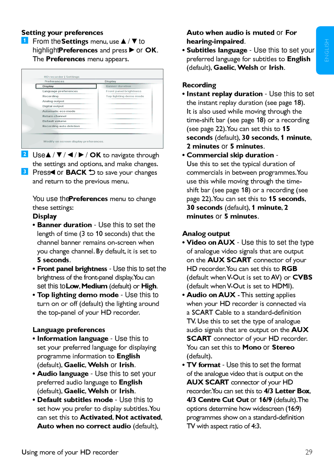 Philips HDT 8520 Setting your preferences, Display, Seconds, Language preferences, Recording, Commercial skip duration 