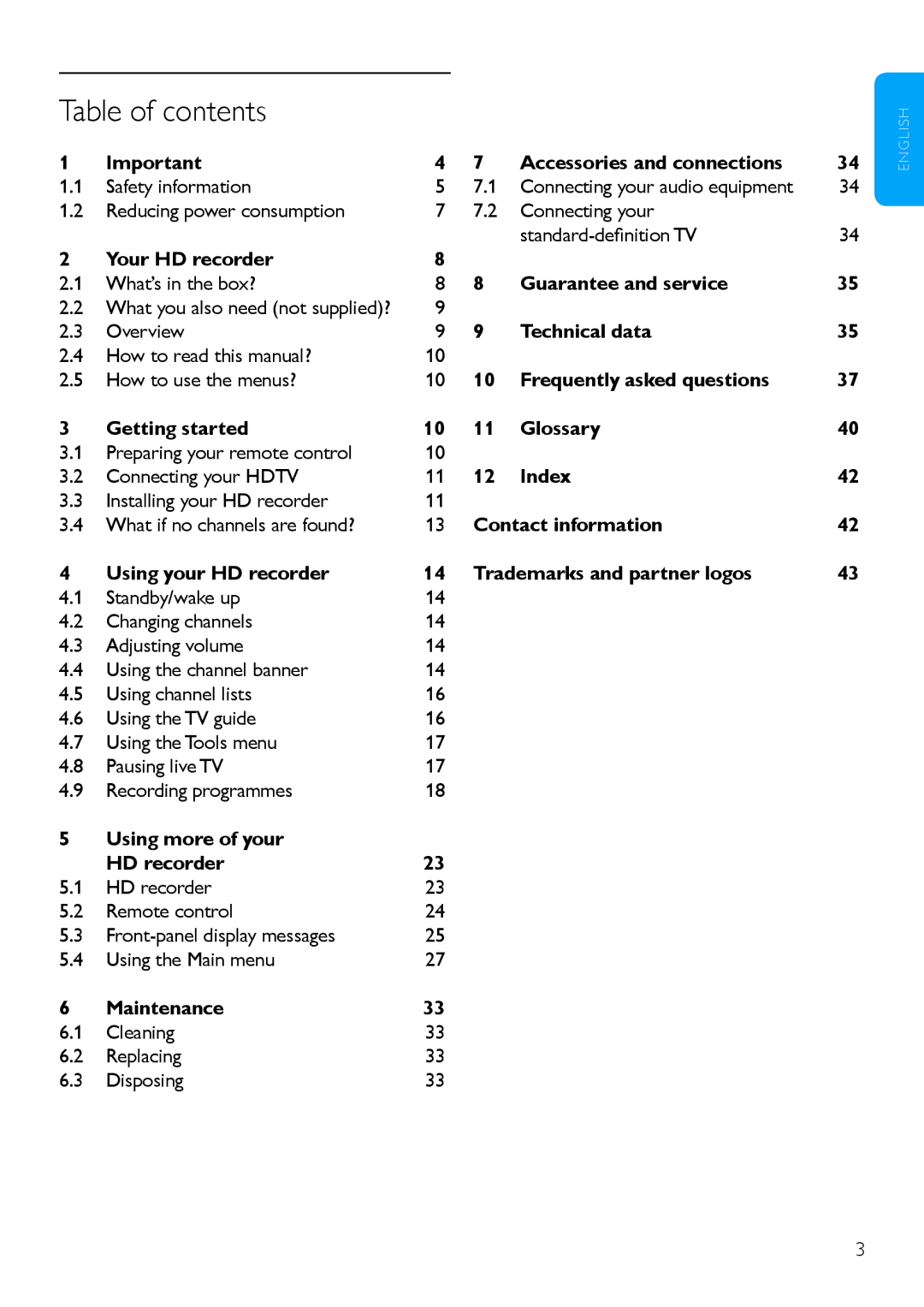 Philips HDT 8520 manual Table of contents 