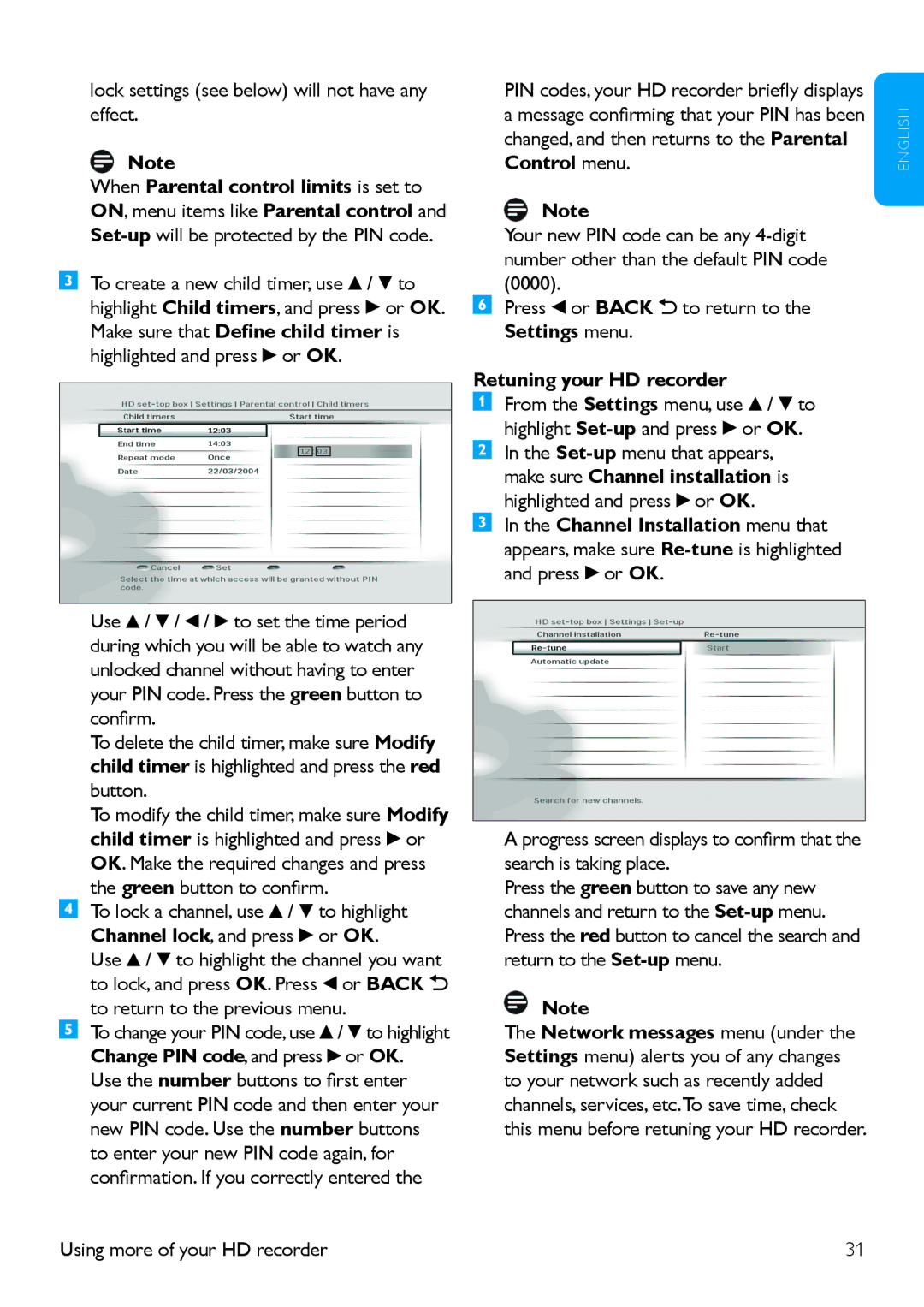 Philips HDT 8520 manual Lock settings see below will not have any effect, Settings menu Retuning your HD recorder 