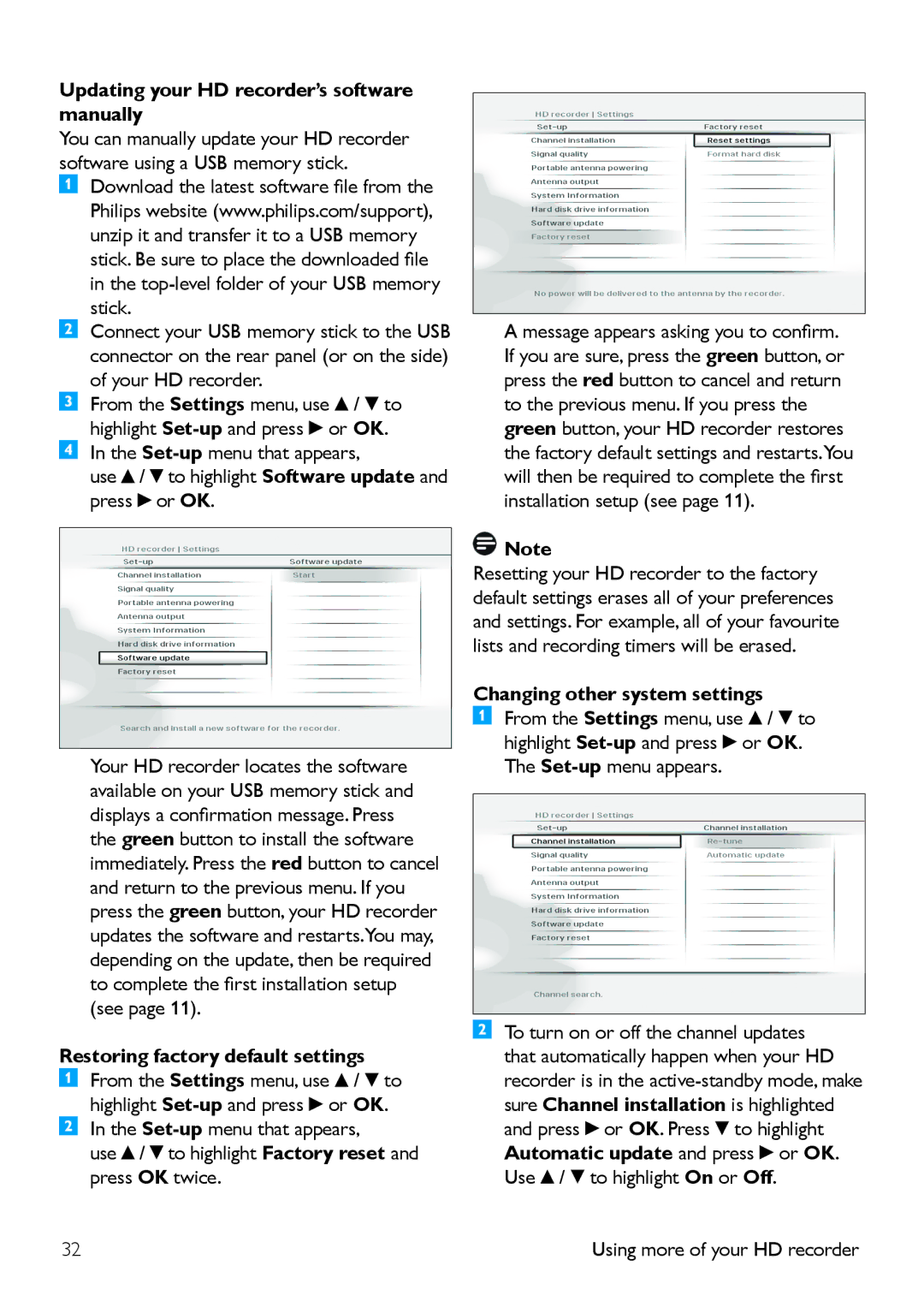 Philips HDT 8520 Updating your HD recorder’s software manually, Use / to highlight Factory reset and press OK twice 