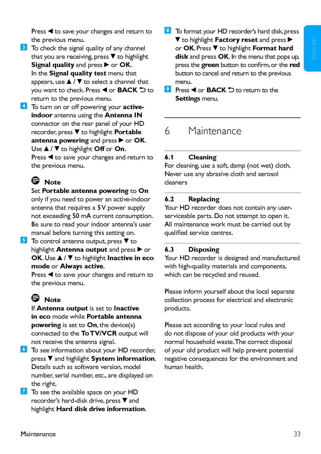 Philips HDT 8520 manual Maintenance 