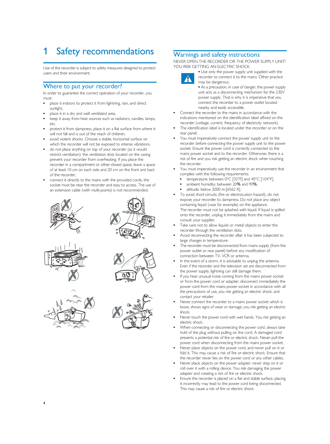 Philips HDTP 8540, HDTP 8530 user manual Safety recommendations, Where to put your recorder? 