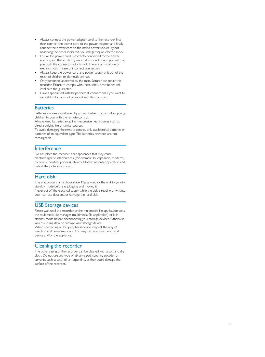 Philips HDTP 8530, HDTP 8540 user manual Batteries, Interference, Hard disk, USB Storage devices, Cleaning the recorder 