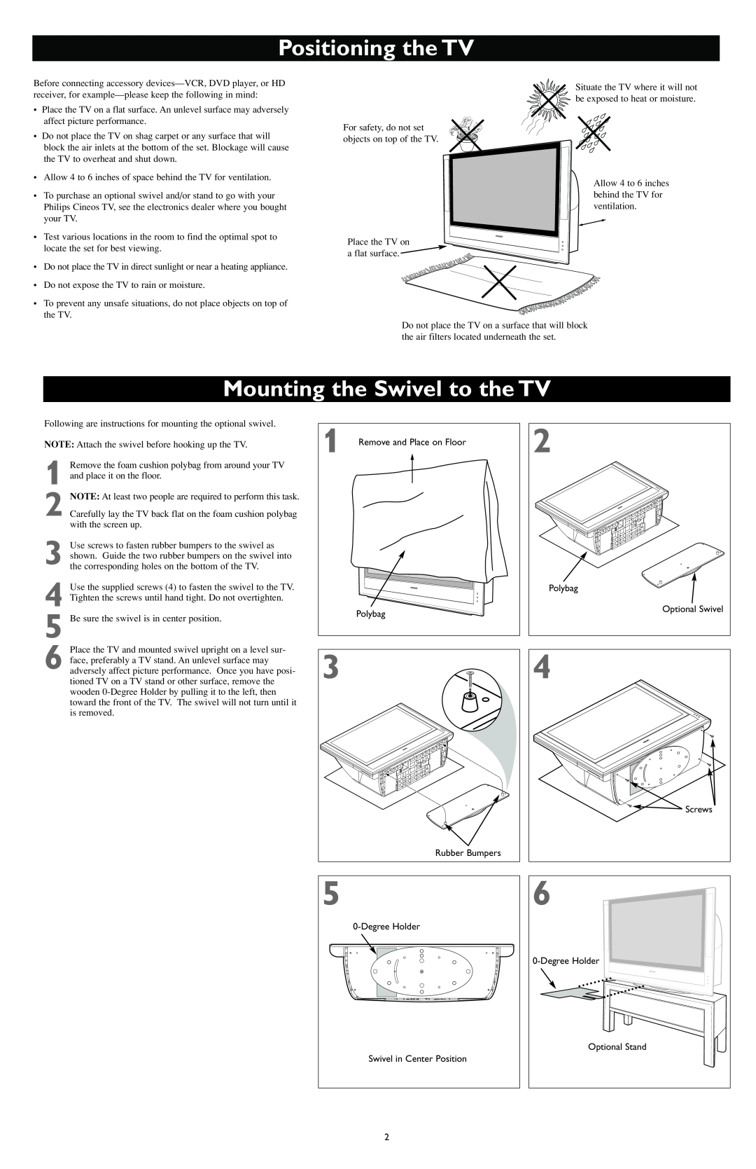 Philips HDTV Monitor with Pixel Plus user manual Positioning the TV, Mounting the Swivel to the TV 