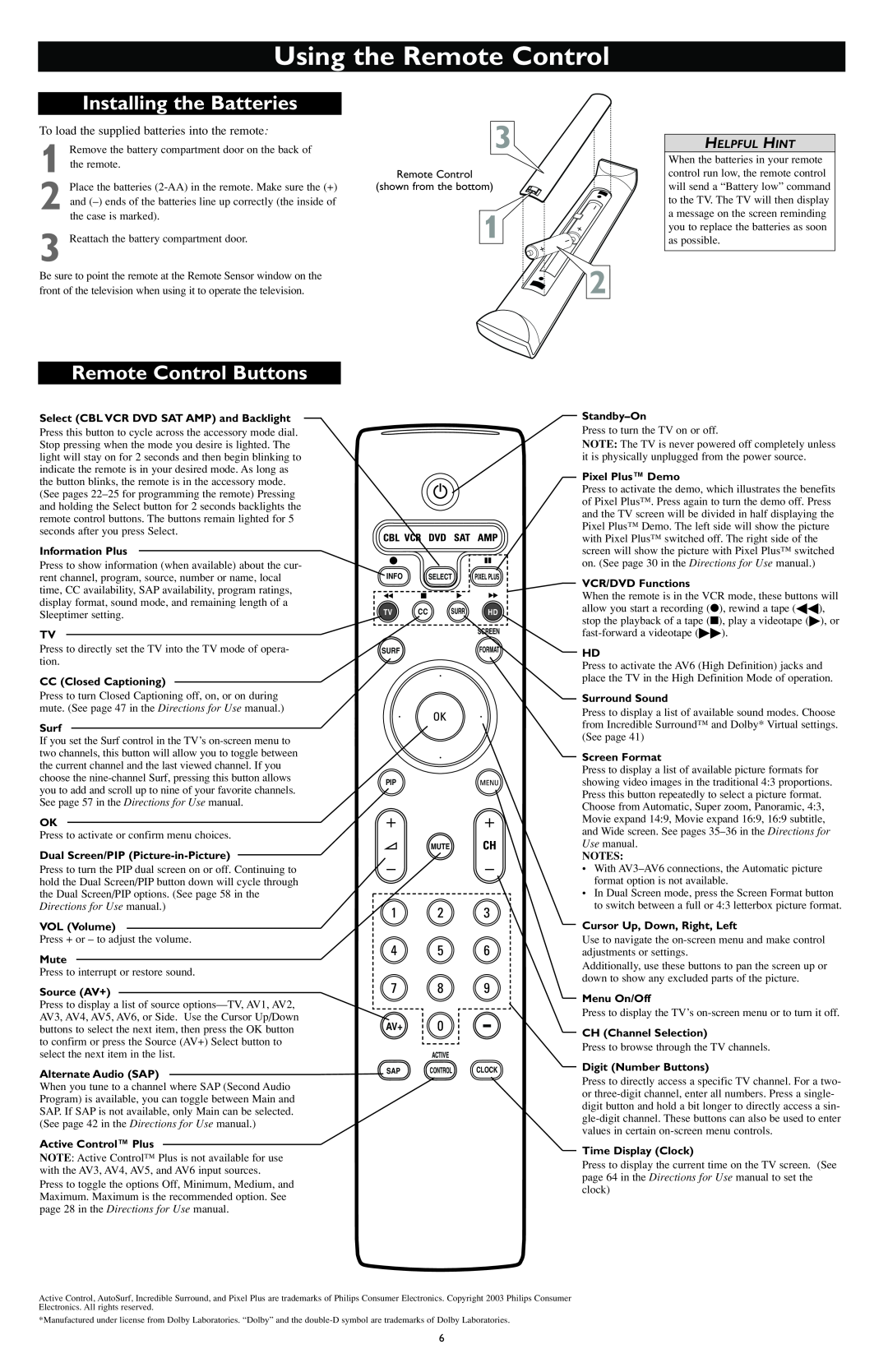 Philips HDTV Monitor with Pixel Plus user manual Using the Remote Control, Installing the Batteries, Remote Control Buttons 