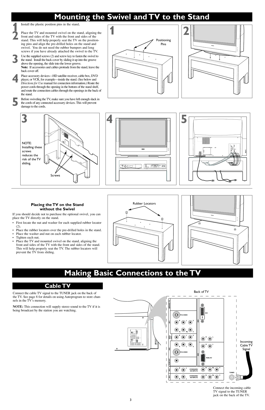 Philips HDTV Monitor with Pixel Plus Mounting the Swivel and TV to the Stand, Making Basic Connections to the TV, Cable TV 