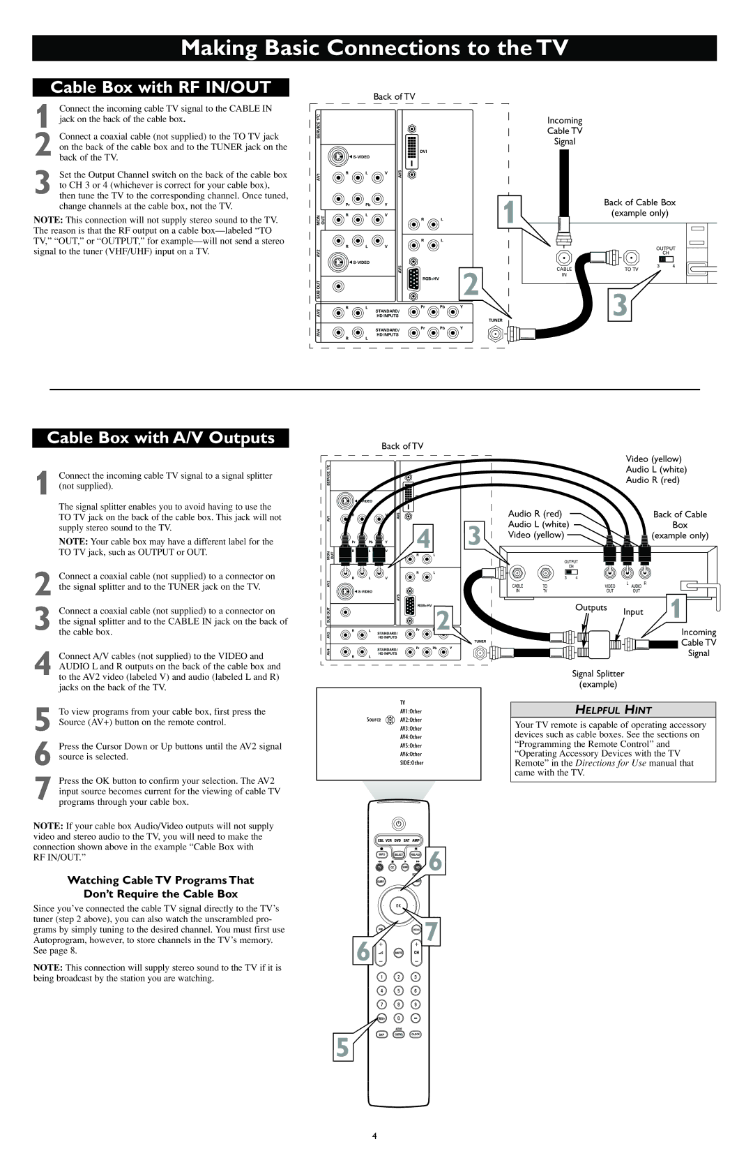 Philips HDTV Monitor with Pixel Plus user manual Cable Box with RF IN/OUT, Cable Box with A/V Outputs, Back of Cable Box 