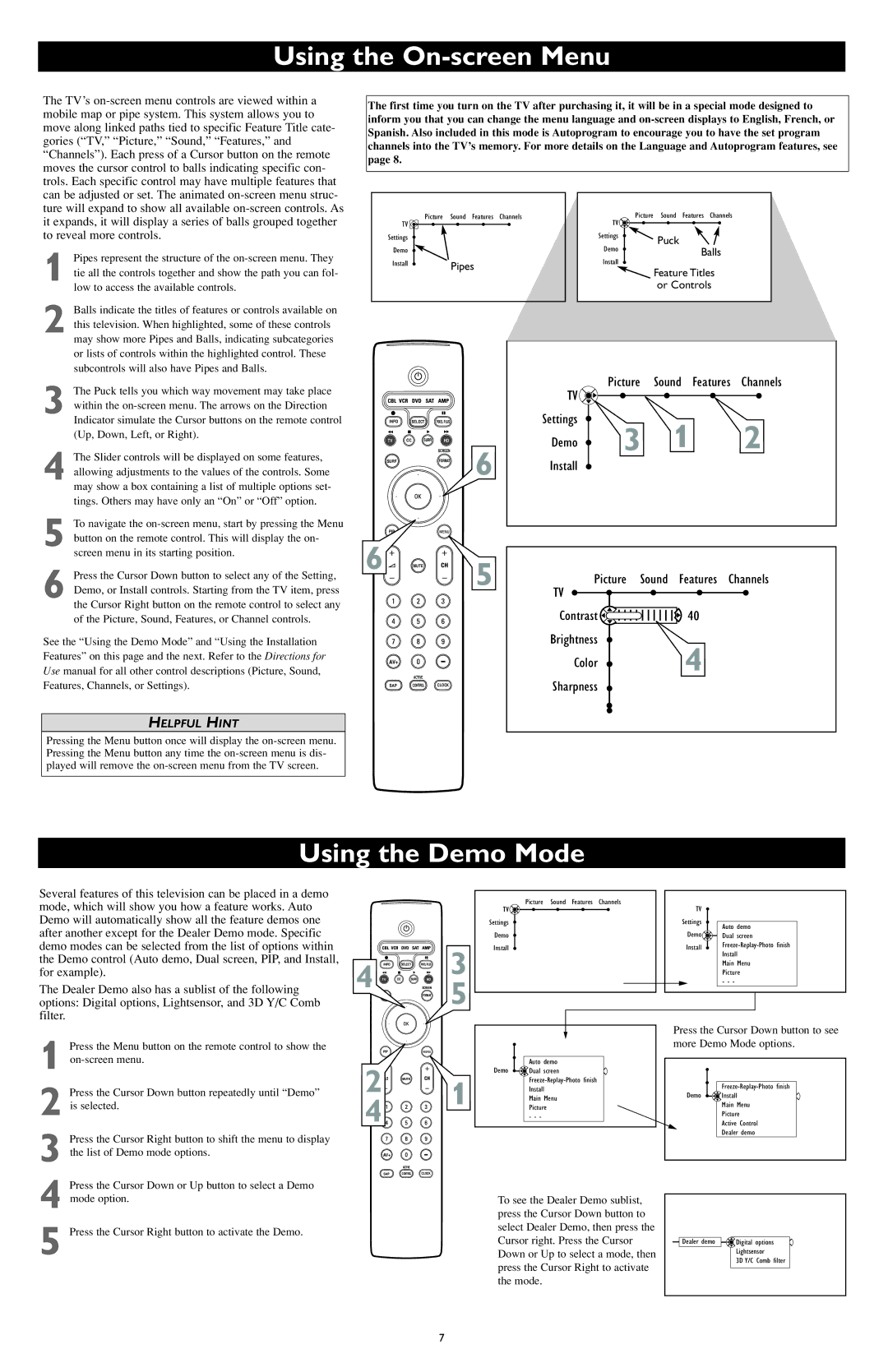 Philips HDTV Monitor with Pixel Plus user manual Using the On-screen Menu, Using the Demo Mode, Settings, Install 