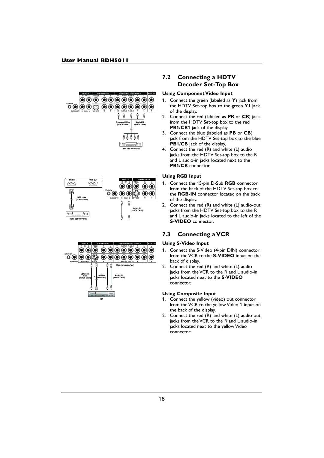 Philips HDTV user manual Connecting a Hdtv Decoder Set-Top Box, Connecting a VCR, Using RGB Input, Using Composite Input 