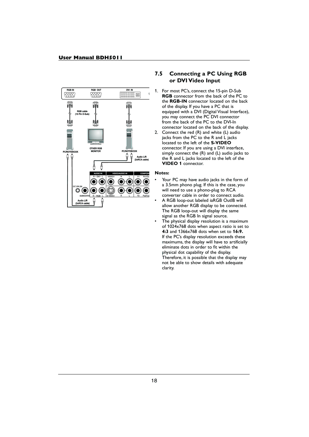 Philips HDTV user manual Connecting a PC Using RGB or DVI Video Input 