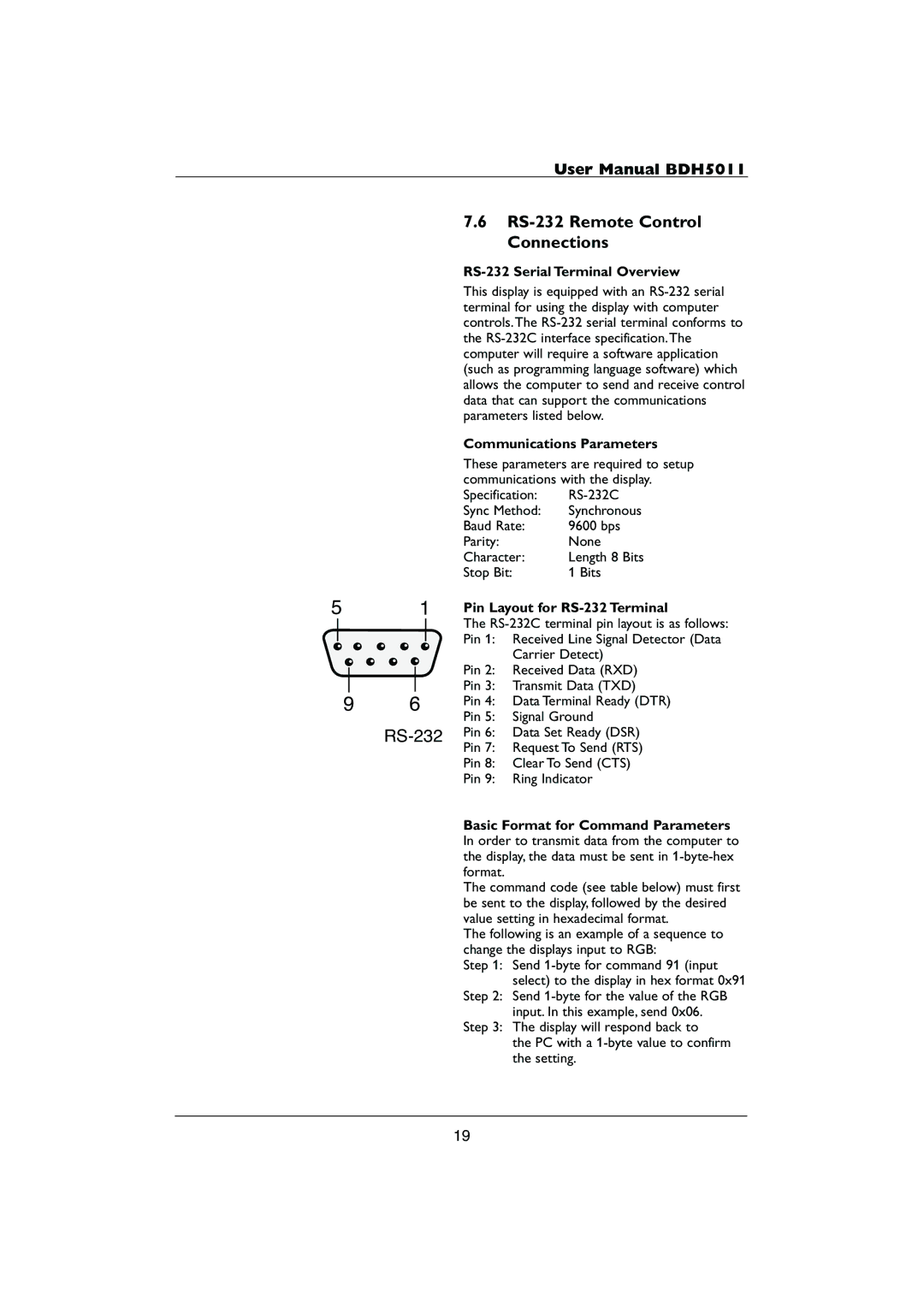 Philips HDTV user manual RS-232 Remote Control Connections, RS-232 Serial Terminal Overview, Communications Parameters 