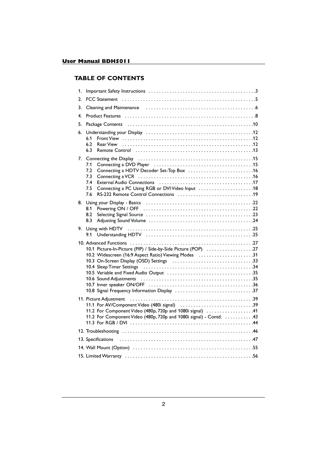 Philips HDTV user manual Table of Contents 