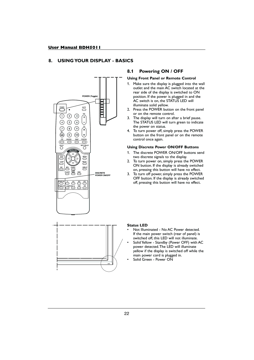 Philips HDTV user manual Using Your Display Basics, Powering on / OFF, Using Front Panel or Remote Control, Status LED 