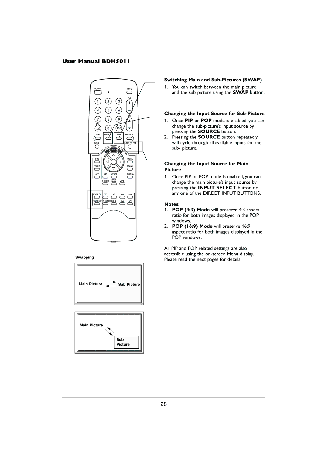 Philips HDTV user manual Switching Main and Sub-Pictures Swap, Changing the Input Source for Sub-Picture 