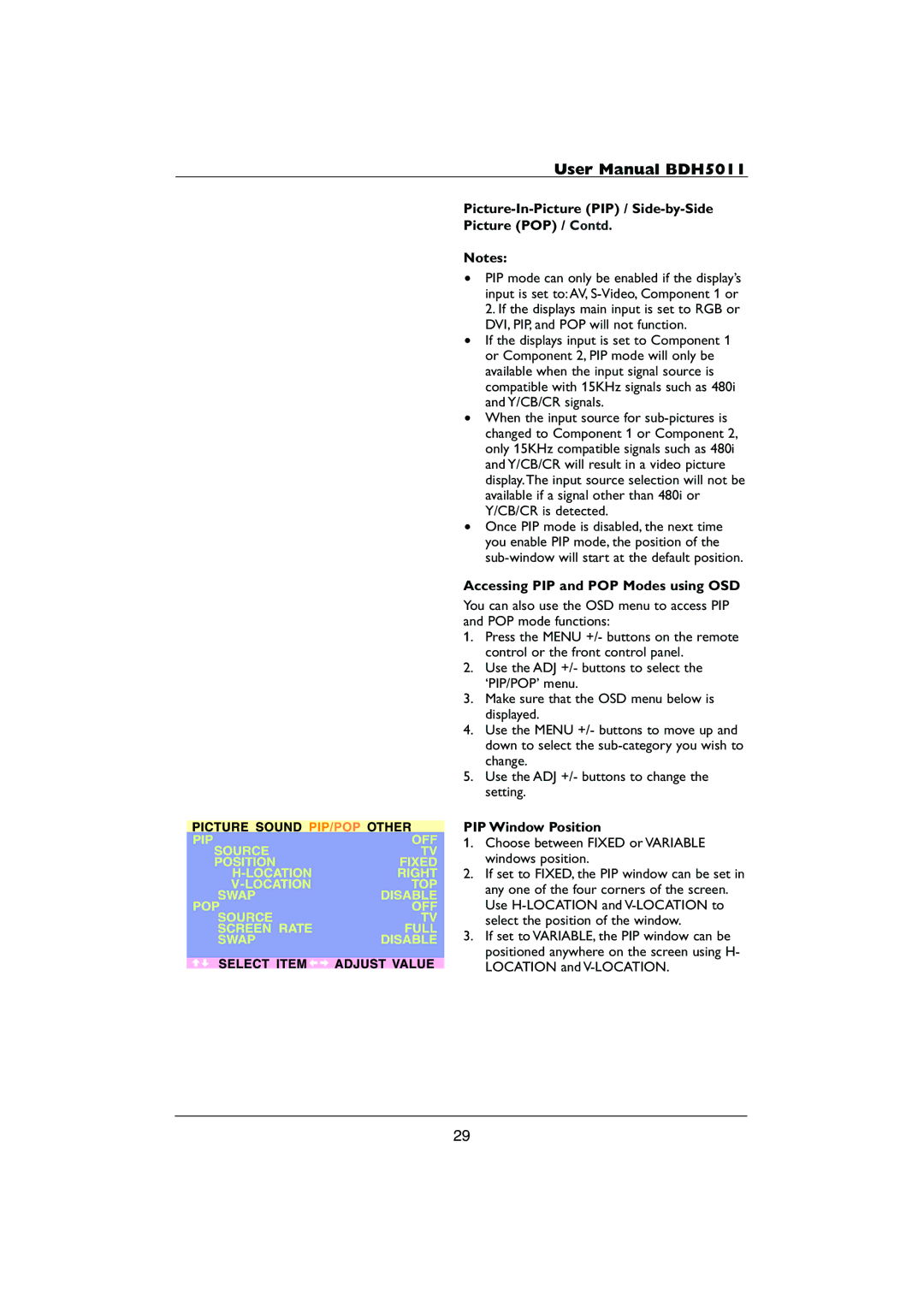 Philips HDTV user manual Picture-In-Picture PIP / Side-by-Side Picture POP / Contd, Accessing PIP and POP Modes using OSD 