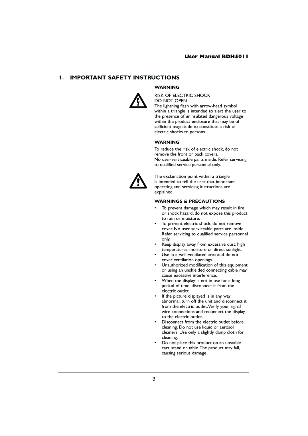 Philips HDTV user manual Important Safety Instructions, Risk of Electric Shock do not Open 