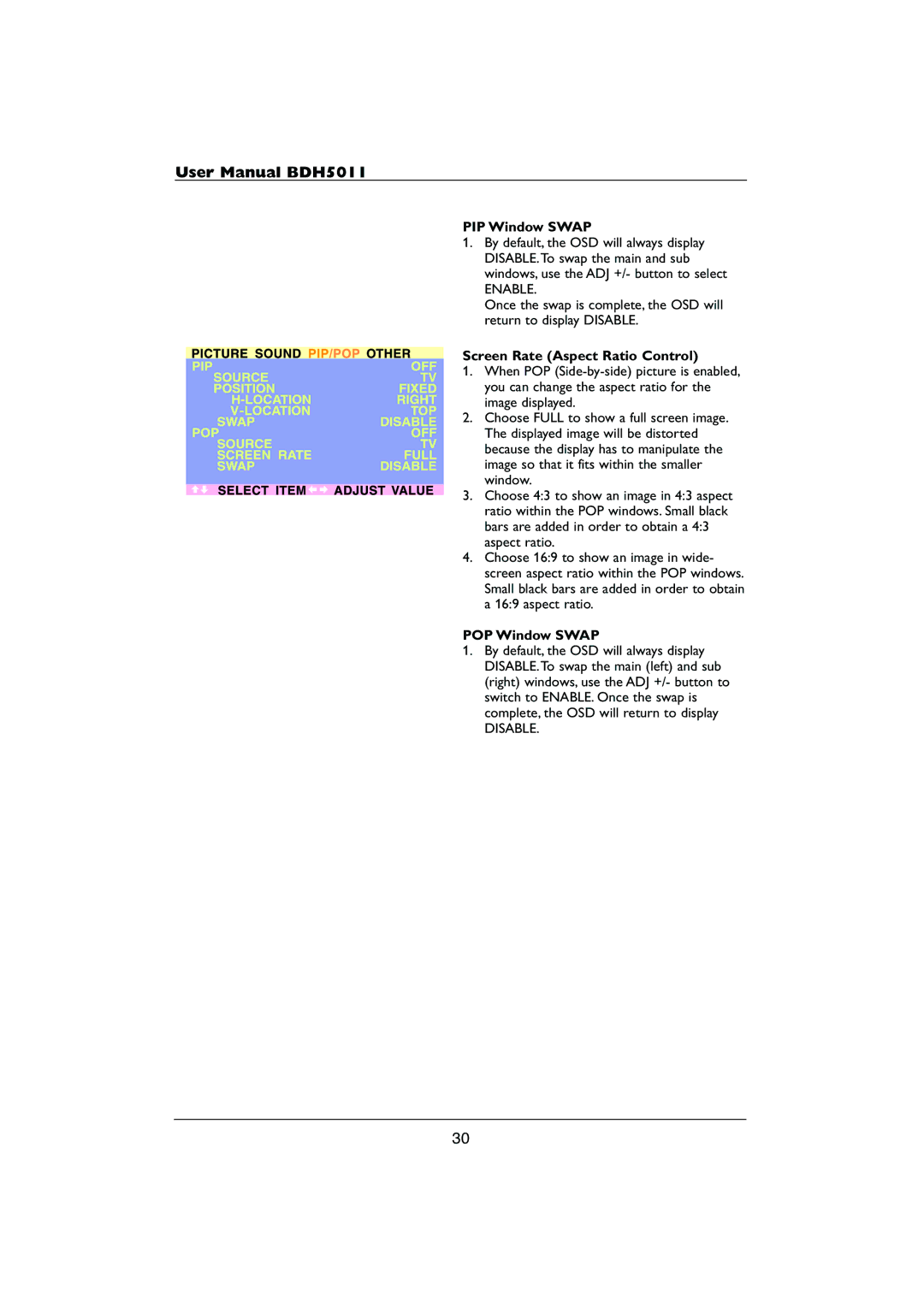 Philips HDTV user manual PIP Window Swap, Screen Rate Aspect Ratio Control, POP Window Swap 