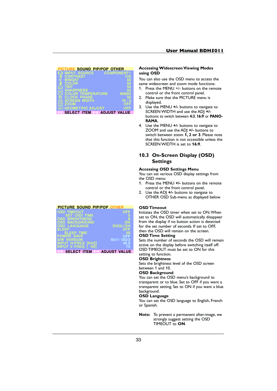 Philips HDTV user manual On-Screen Display OSD Settings 