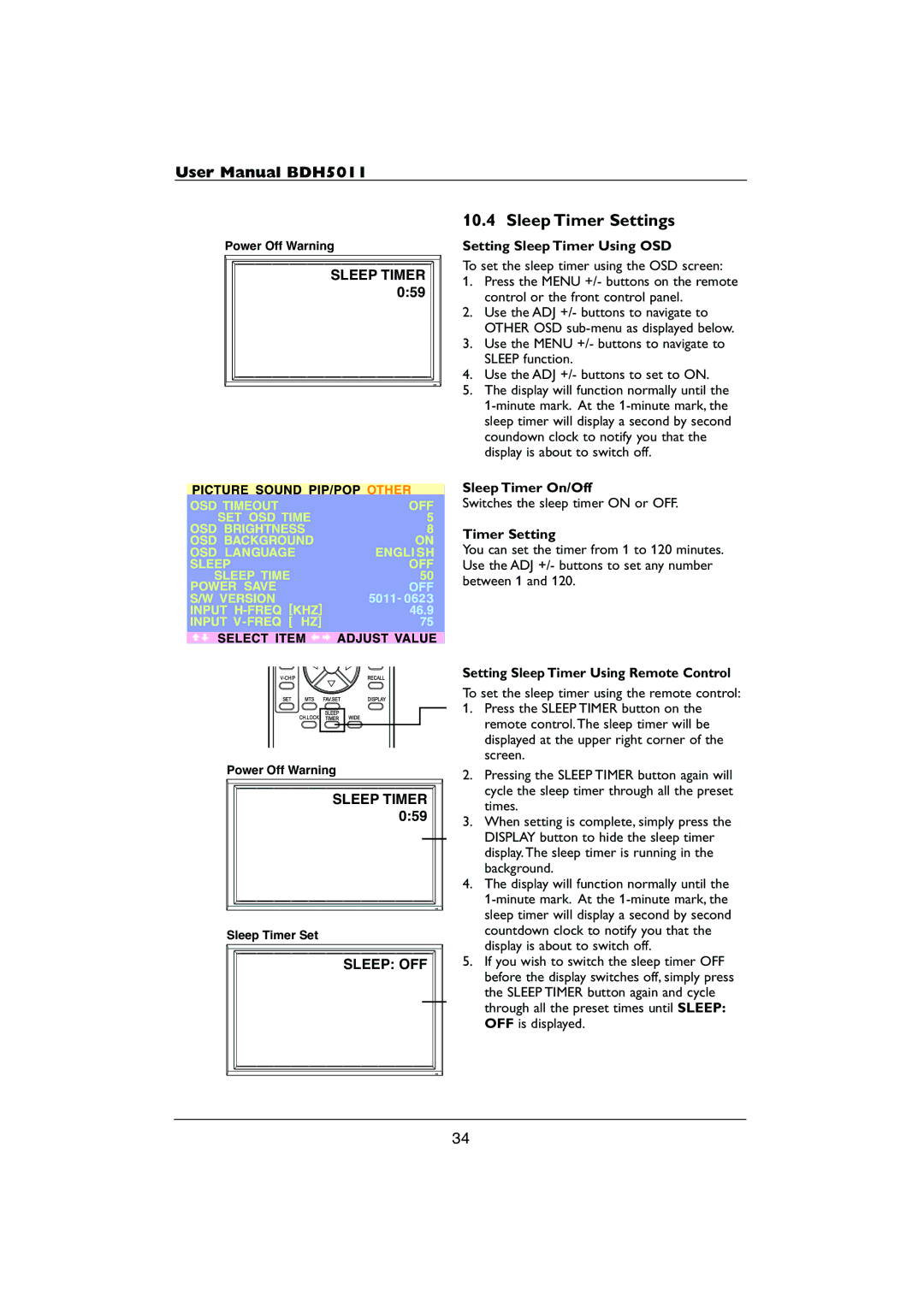 Philips HDTV user manual Sleep Timer Settings, Sleep OFF 