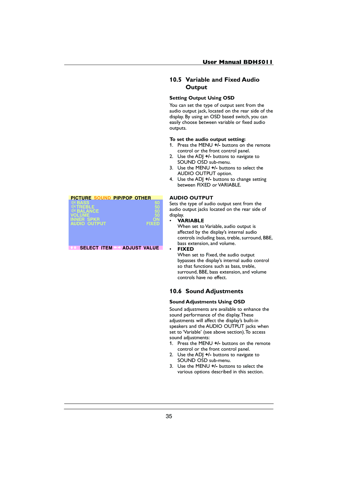 Philips HDTV user manual Variable and Fixed Audio Output, Sound Adjustments 