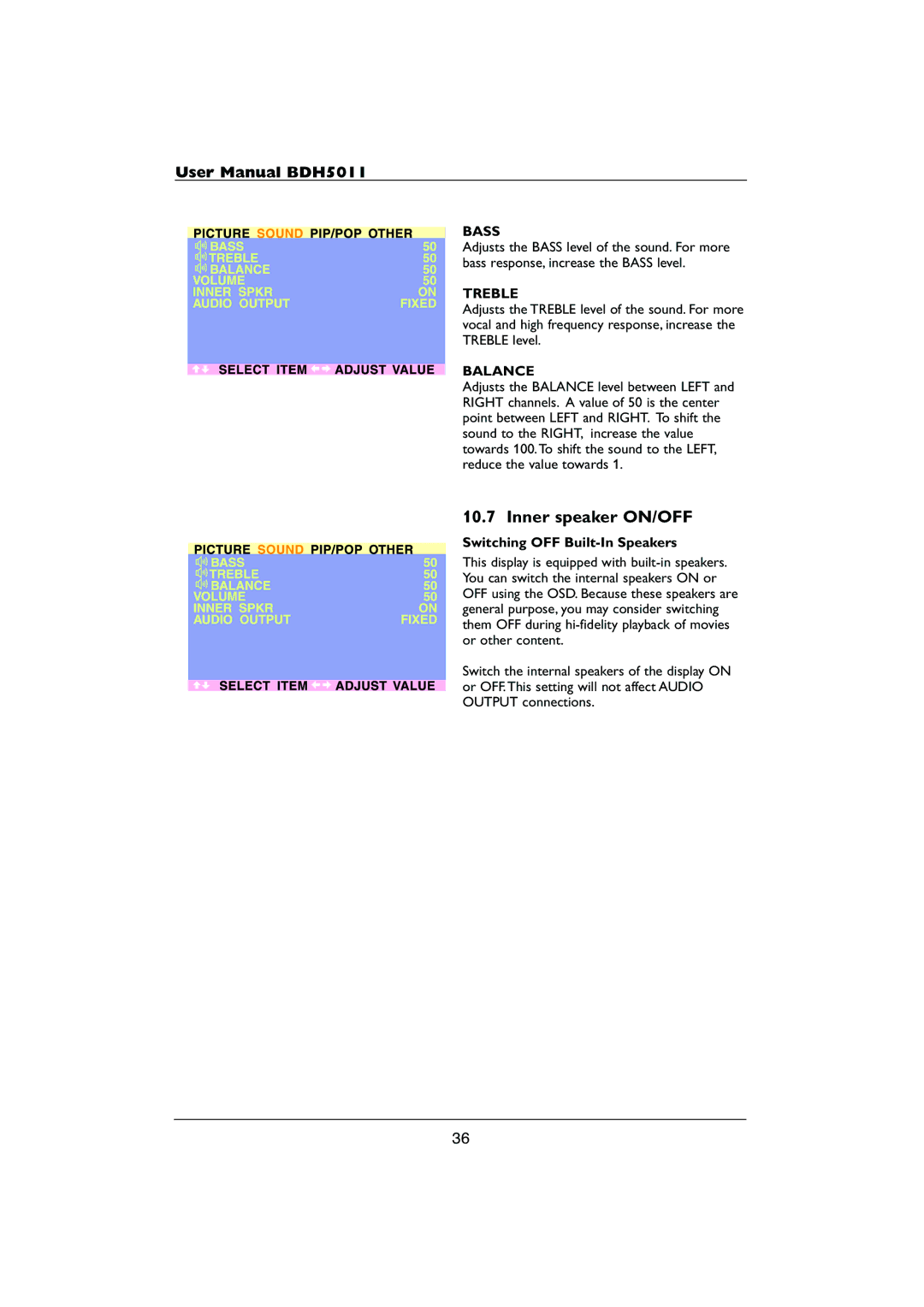 Philips HDTV user manual Inner speaker ON/OFF, Bass, Treble, Balance, Switching OFF Built-In Speakers 