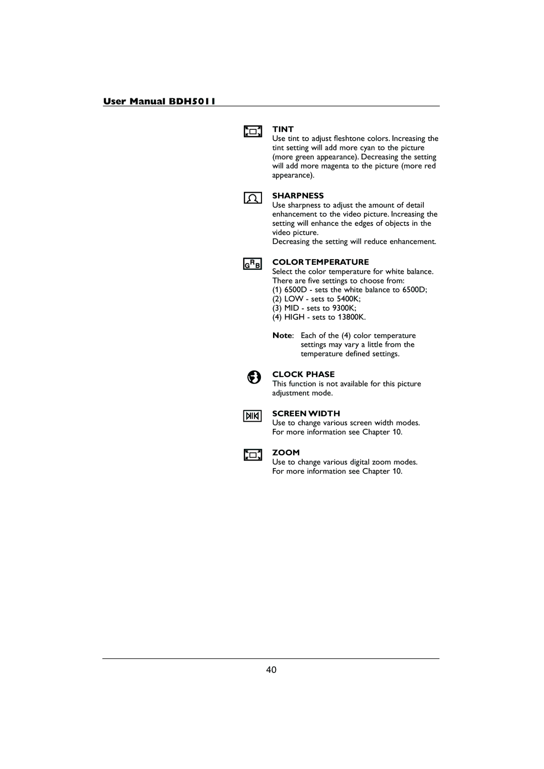 Philips HDTV user manual Tint, Sharpness, Color Temperature, Clock Phase, Screen Width 