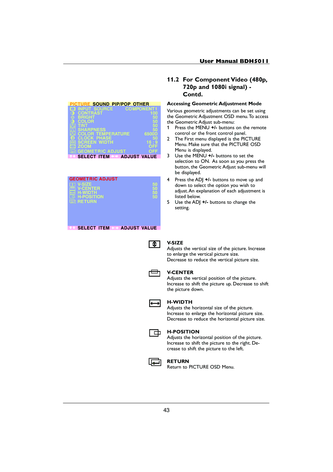 Philips HDTV user manual For Component Video 480p, 720p and 1080i signal Contd 