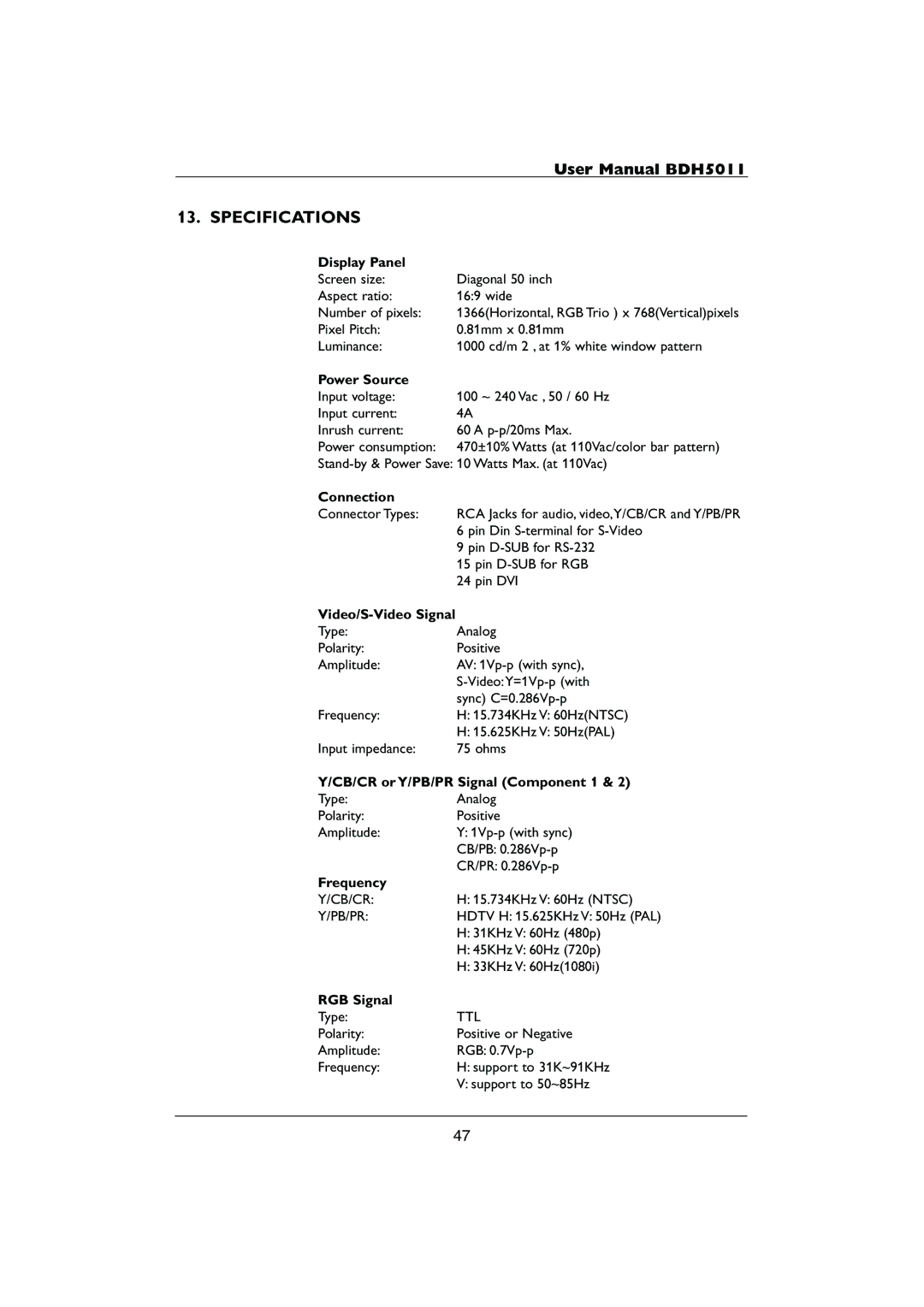 Philips HDTV user manual Specifications 